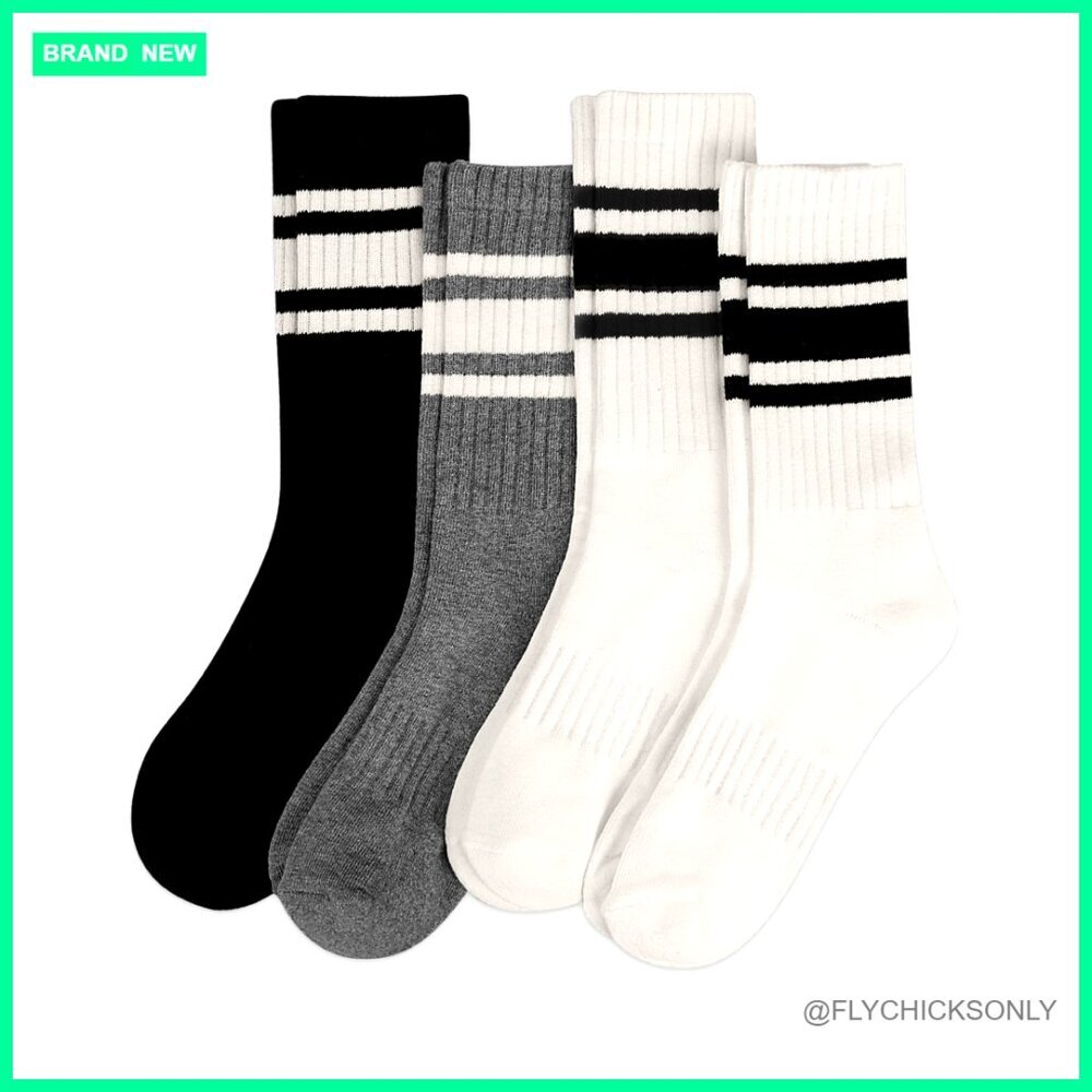 4 Pairs Cotton Crew Socks, Striped Retro Athletic Tube Socks Size 5-10